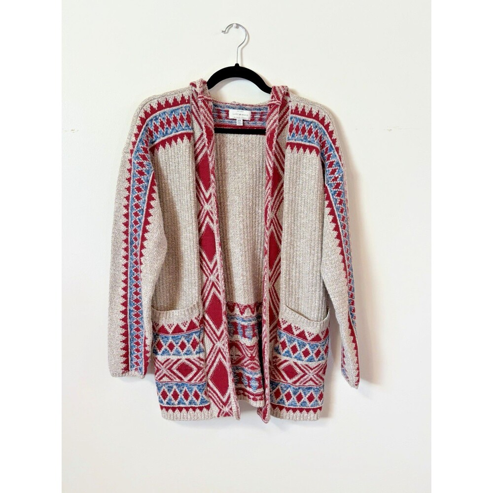 Lucky Brand Aztec Cardigan Tan Red Blue Southwestern Open Front Hoodie Size M